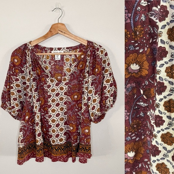 Rachel Zoe | Boho Floral Print Puff Sleeve 100% Cotton Top - Picture 1 of 10